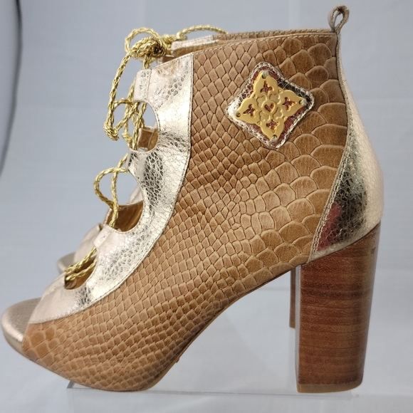 Lace Up Peep Toe Block Heel Leather Sandals Shoes Size 7 - Picture 4 of 13